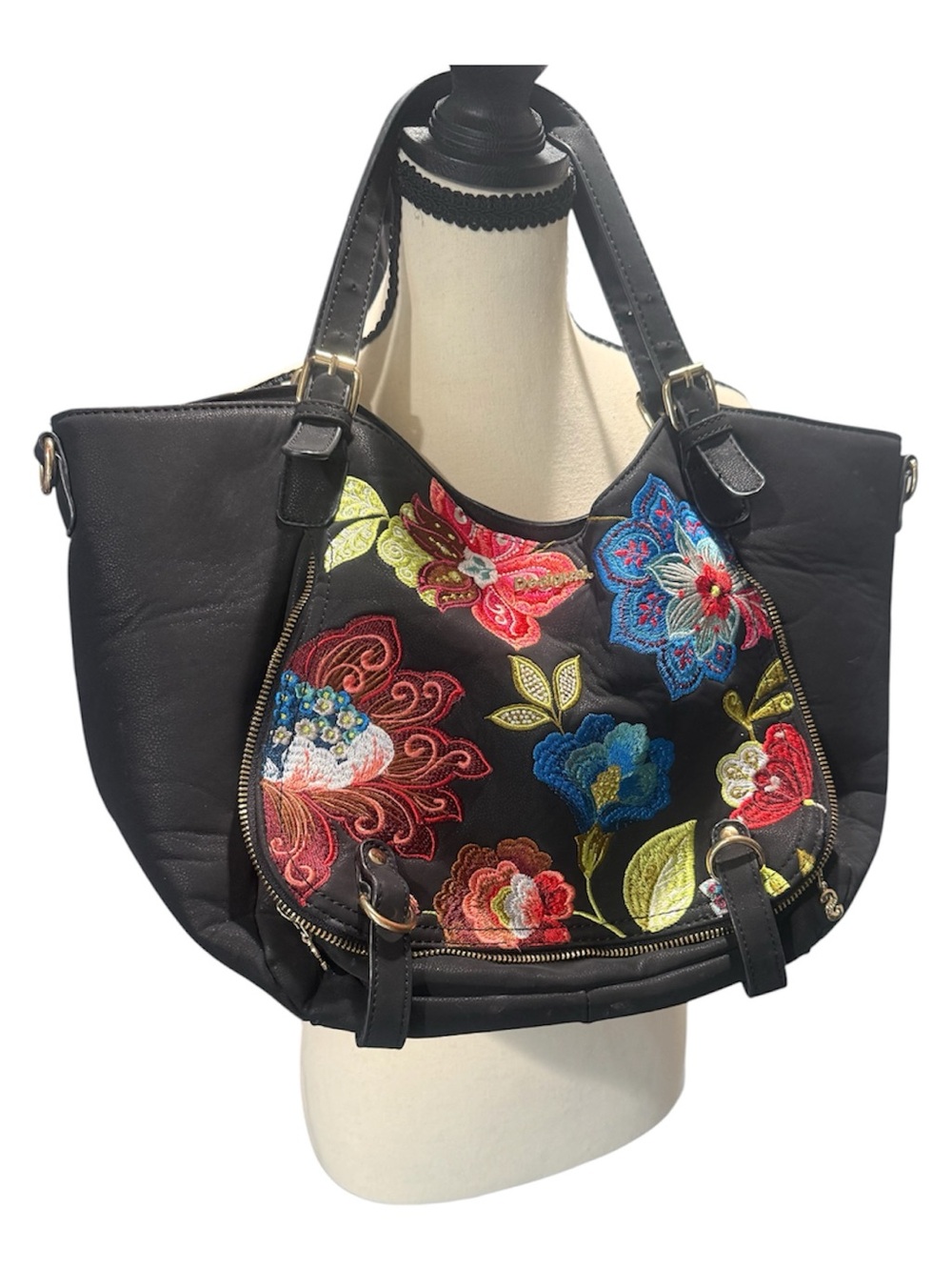 Desigual Black Shoulder Bag with Multicolor Floral Embroidery